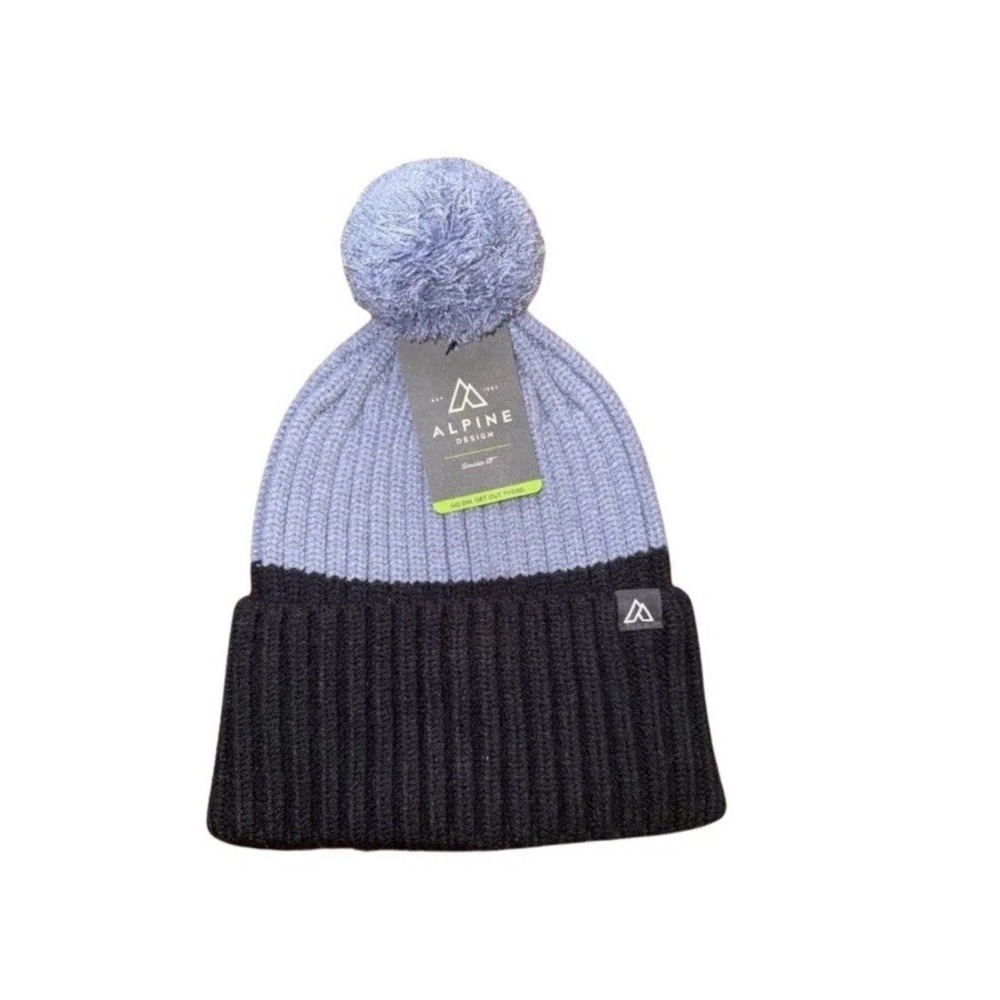 ALPINE  Men's Beanie Hat with Pom Color block Black Gray NWT One‎ size